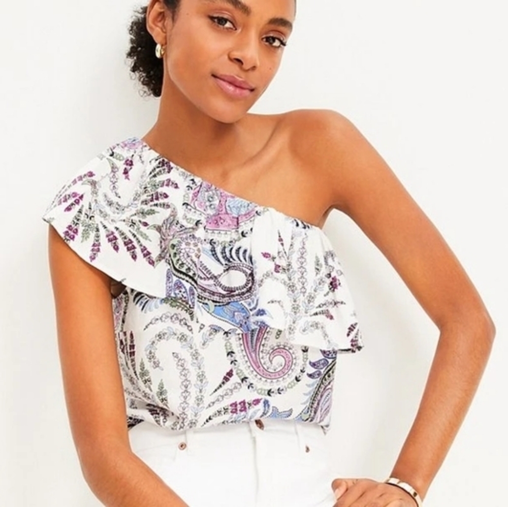 Paisley Linen Blend Ruffle One Shoulder Top Size XS